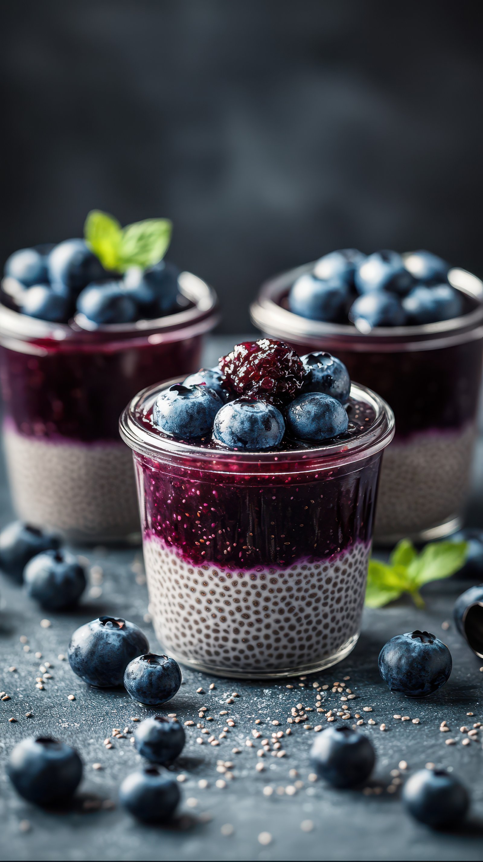 Delicious chia seed pudding topped with blueberries and berry compote in artistic presentation